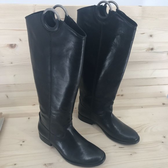 Frye Womens RARE HTF!! Tall Pull On Black Leather Boots Harness Size 6 B